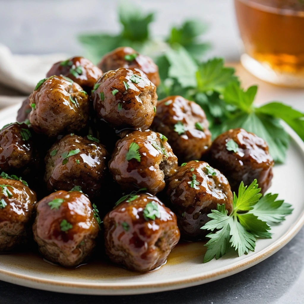 Golden brown meatballs glistening with a honey garlic glaze arranged on a platter with fresh parsley.