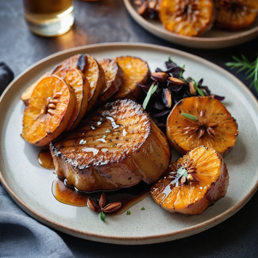 Golden roasted sweet potatoes and juicy pork chops on a platter with a shiny glaze.
