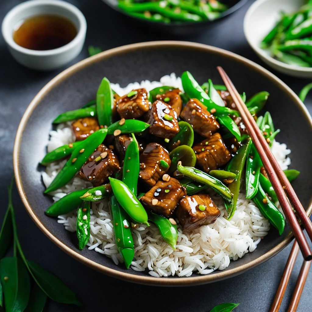 Colorful stir fry with tender pork, vibrant green snap peas, and a glossy honey garlic sauce served in a sizzling skillet.