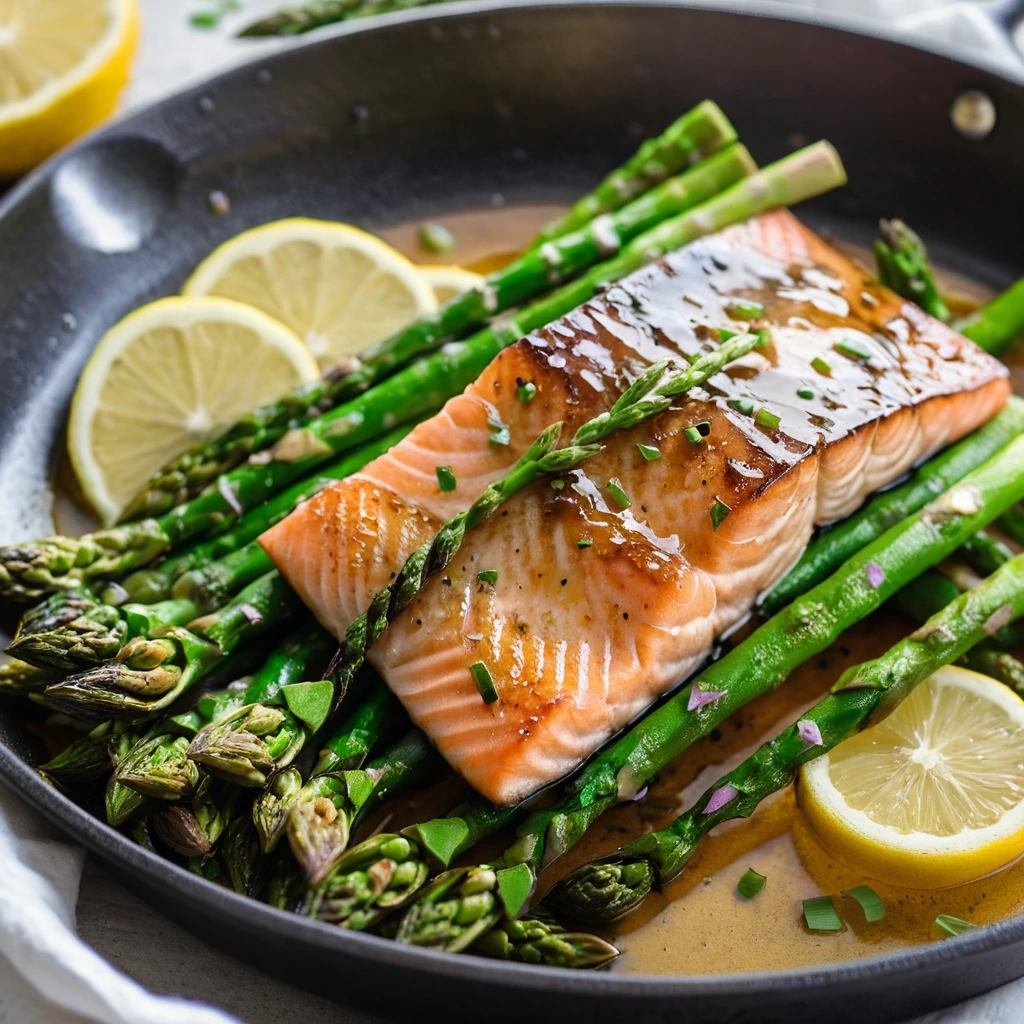 Golden salmon fillets with roasted asparagus in a glossy honey-garlic glaze on a skillet.