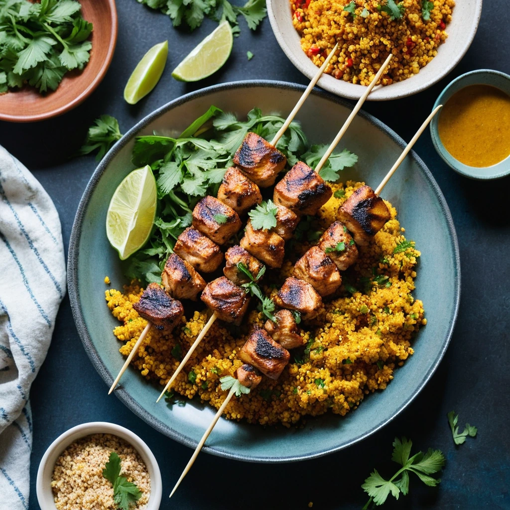 Grilled chicken skewers with golden honey glaze and a bowl of yellow couscous garnished with fresh parsley.