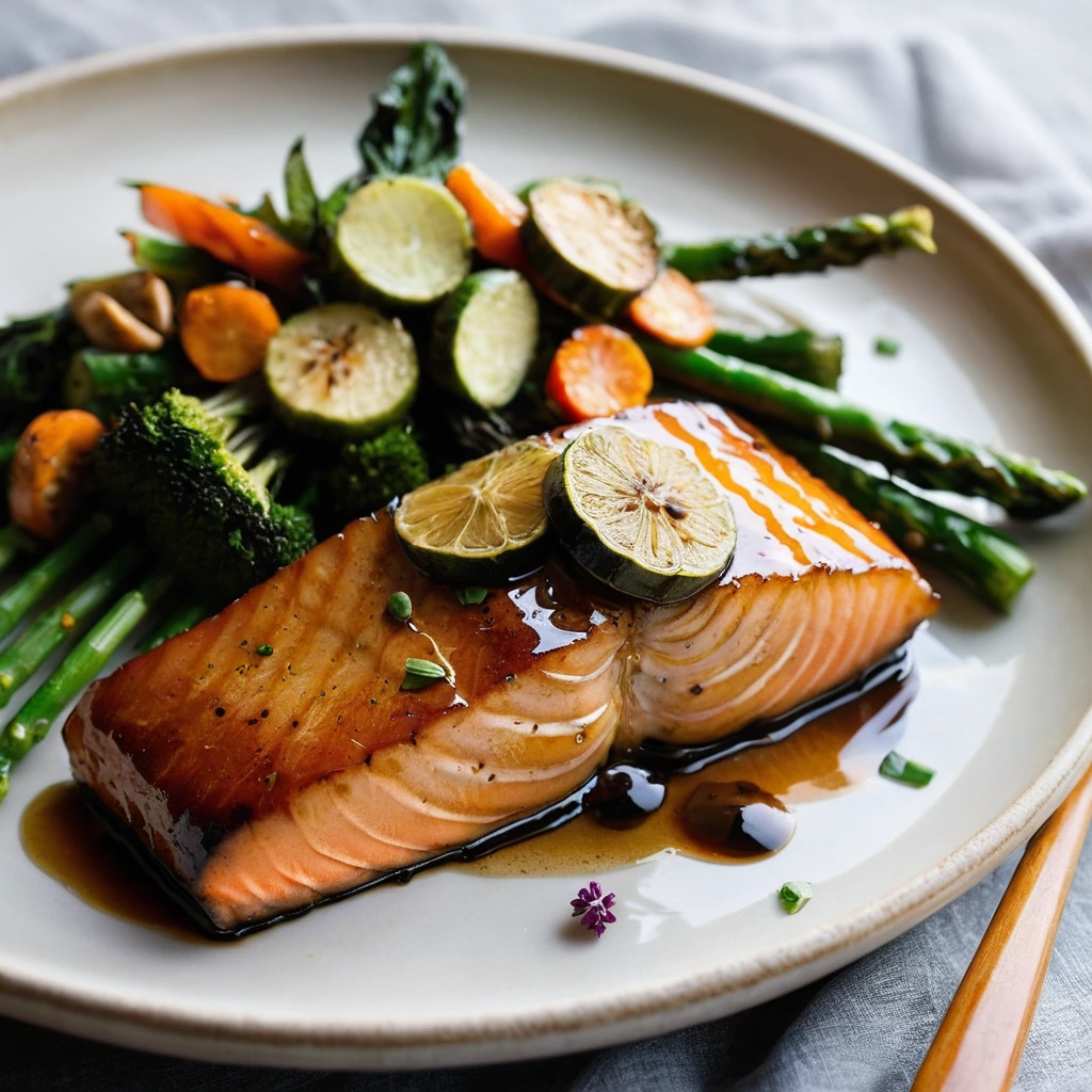Shiny golden glaze drizzled over vibrant roasted vegetables and a perfectly grilled salmon fillet