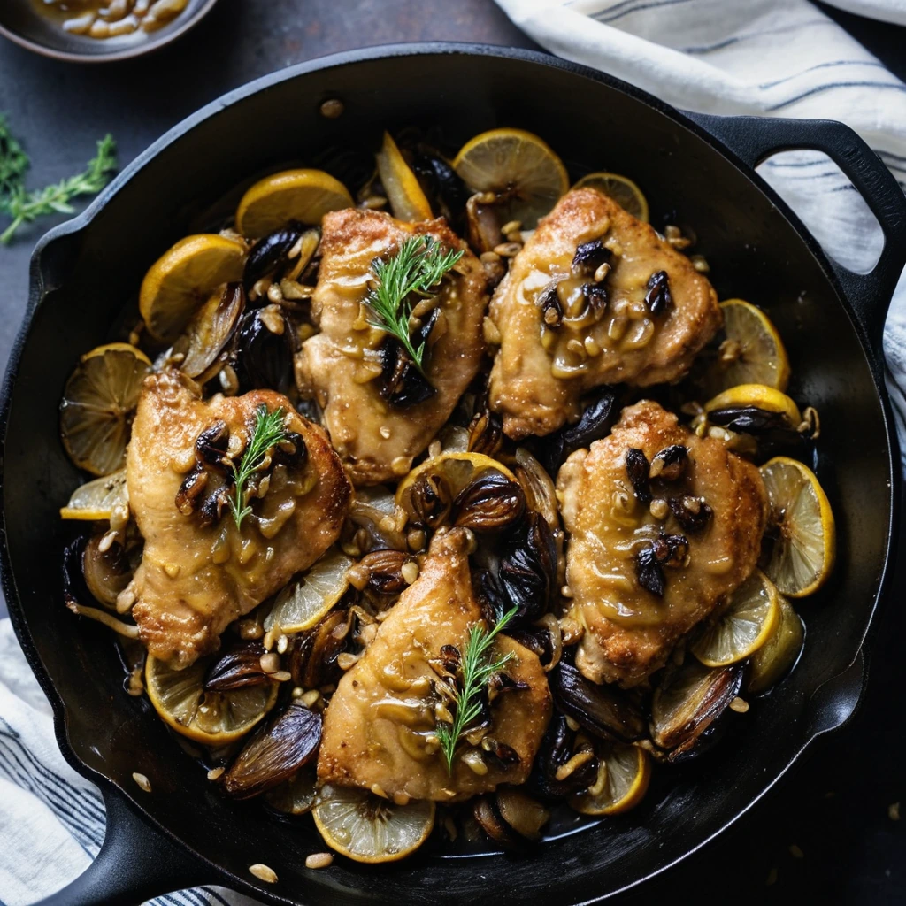 Golden chicken thighs in a skillet with dark caramelized onions and a glossy honey mustard sauce
