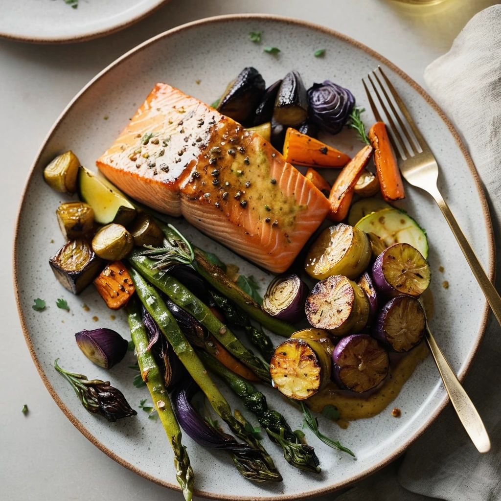 Plated salmon with golden roasted vegetables, drizzled with honey mustard glaze.