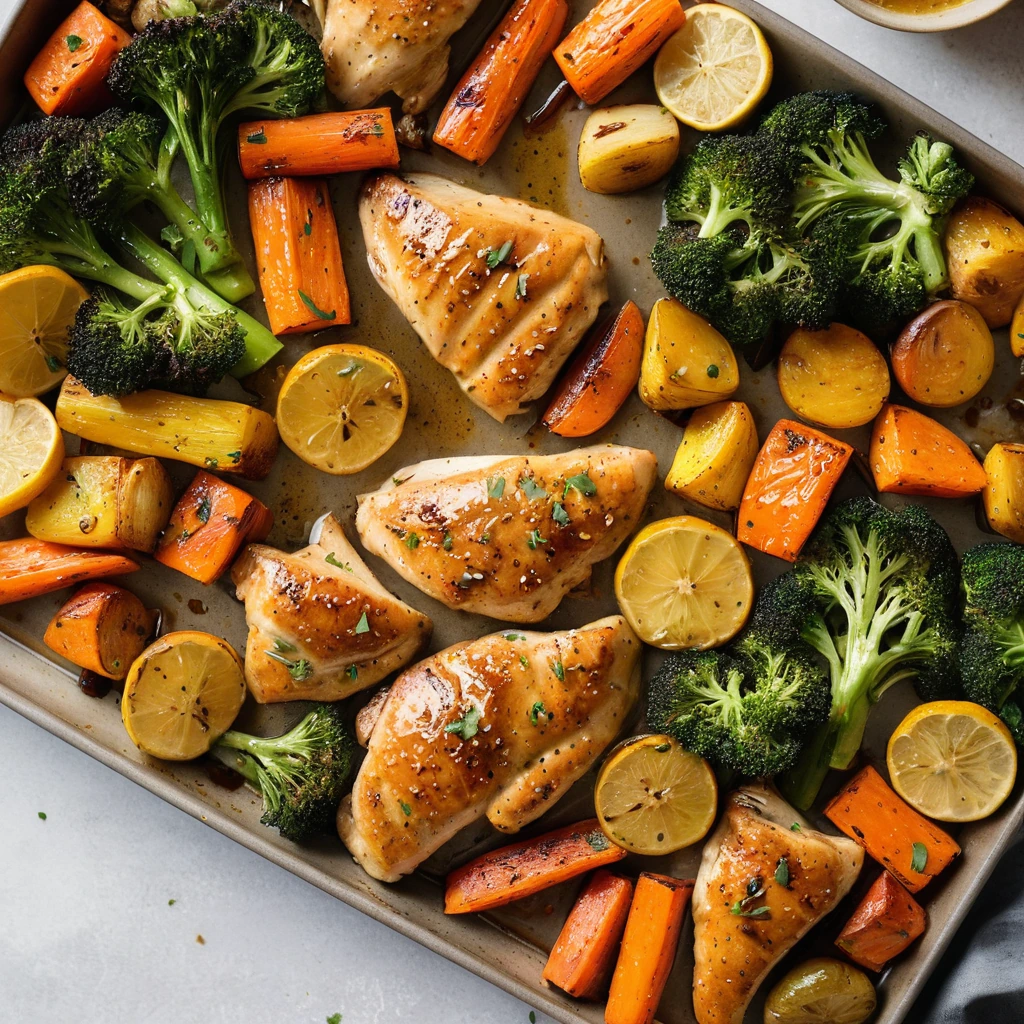 Golden chicken pieces surrounded by roasted carrots, broccoli, and potatoes, drizzled with a glossy honey mustard glaze.