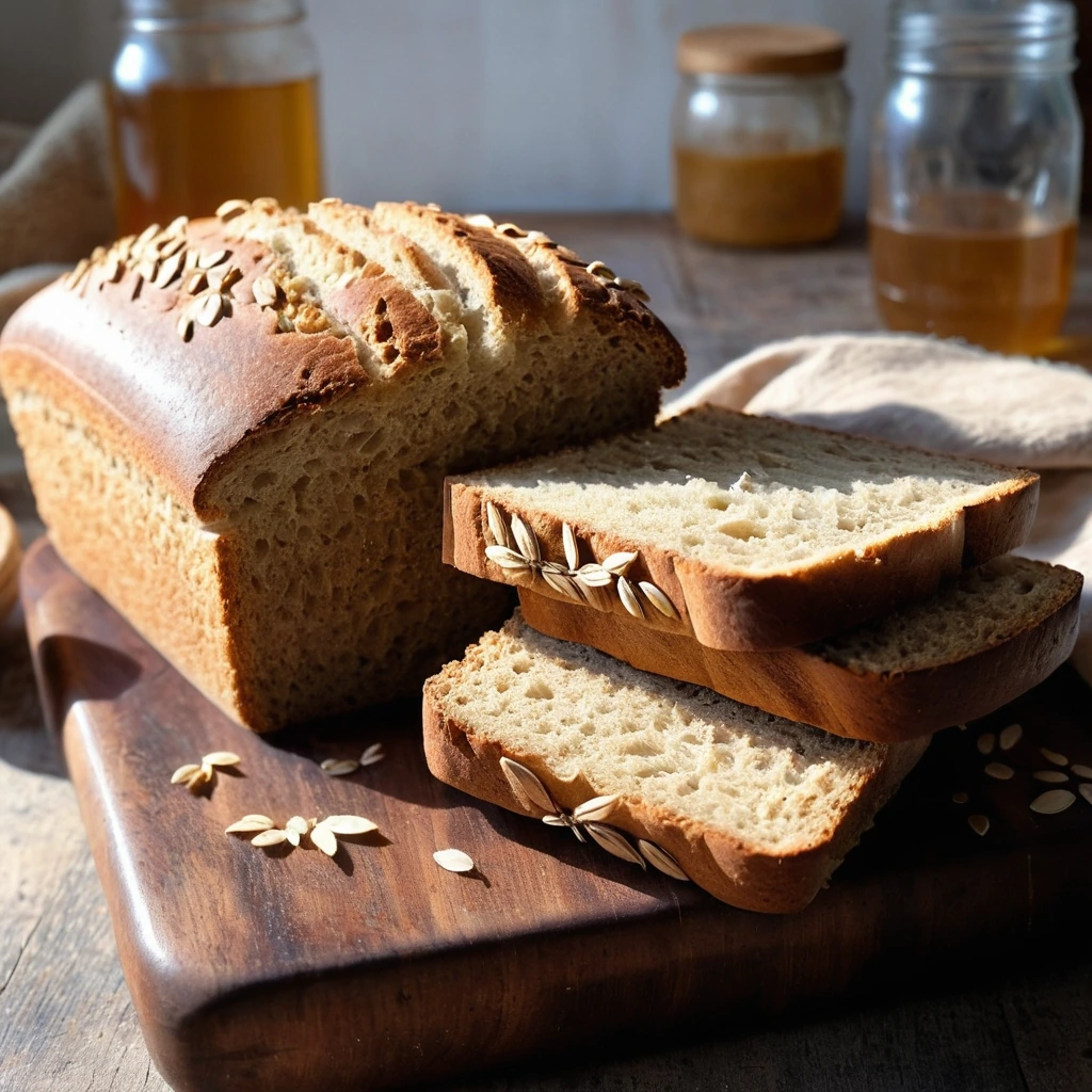 A loaf of golden honey oat bread sliced and arranged on a rustic wooden board.