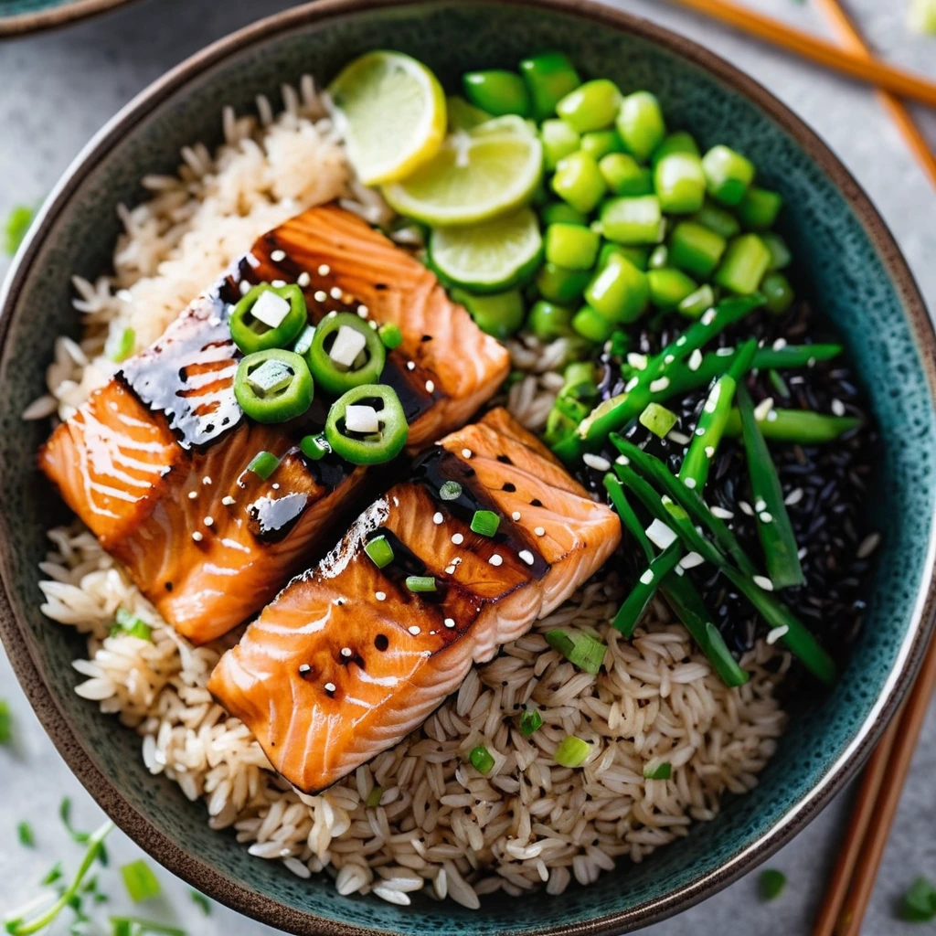 Colorful rice bowls with glazed salmon, green onions, and sesame seeds.