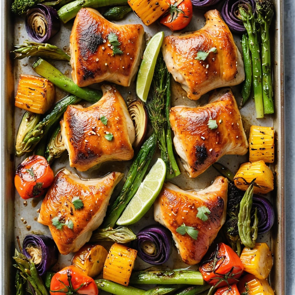 Golden roasted chicken thighs on a sheet pan with colorful roasted vegetables.