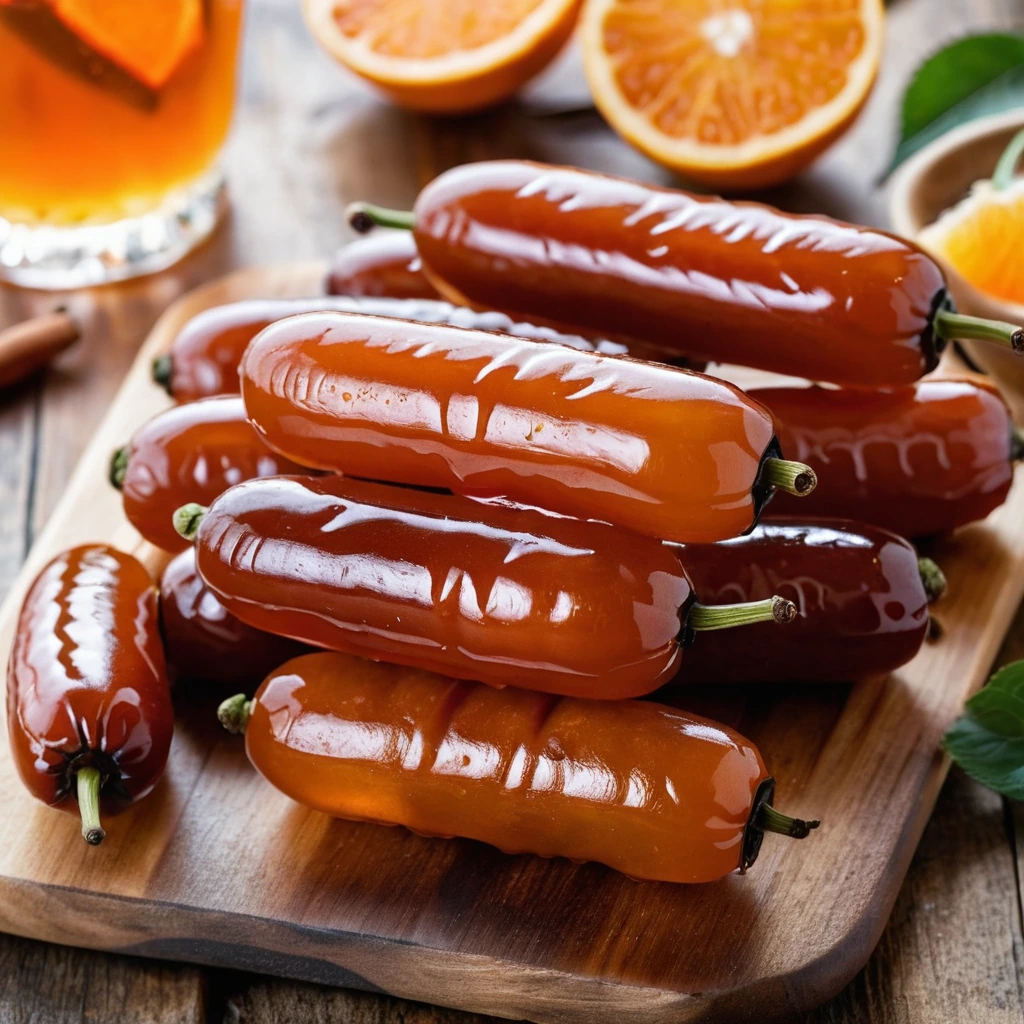 Golden brown cocktail sausages glistening with a vibrant orange glaze, arranged on a rustic wooden board.
