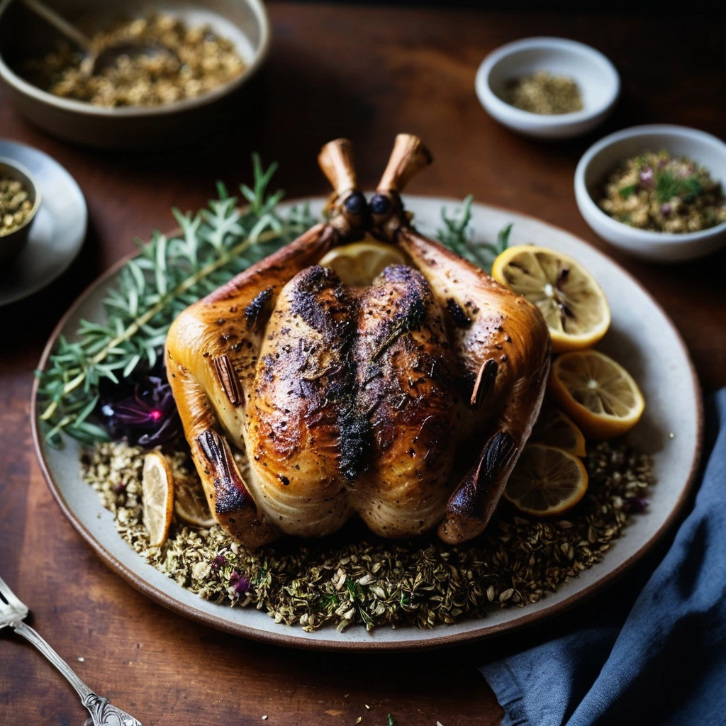 Golden roast chicken with a shiny glaze, nestled among deep caramelized onions on a rustic platter.