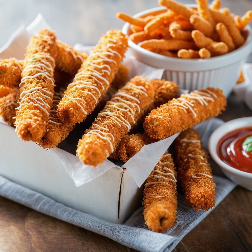 Orange-coated mozzarella sticks in a basket with a side of marinara sauce