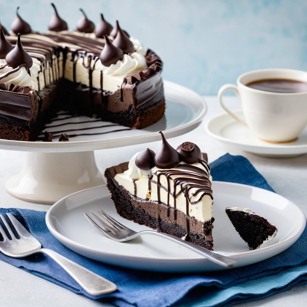 A round pie with a layer of brownie crust, topped with vanilla ice cream, and drizzled with hot fudge, served on a plate.
