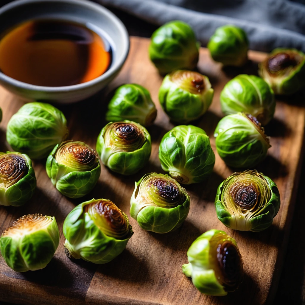 Golden roasted Brussels sprouts bites in a glossy orange-red glaze on a rustic wooden board.