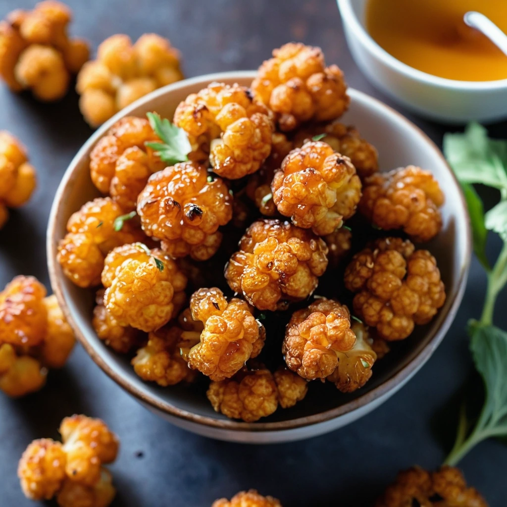 Crispy cauliflower florets in a vibrant orange-hued hot honey glaze served in a rustic white bowl.