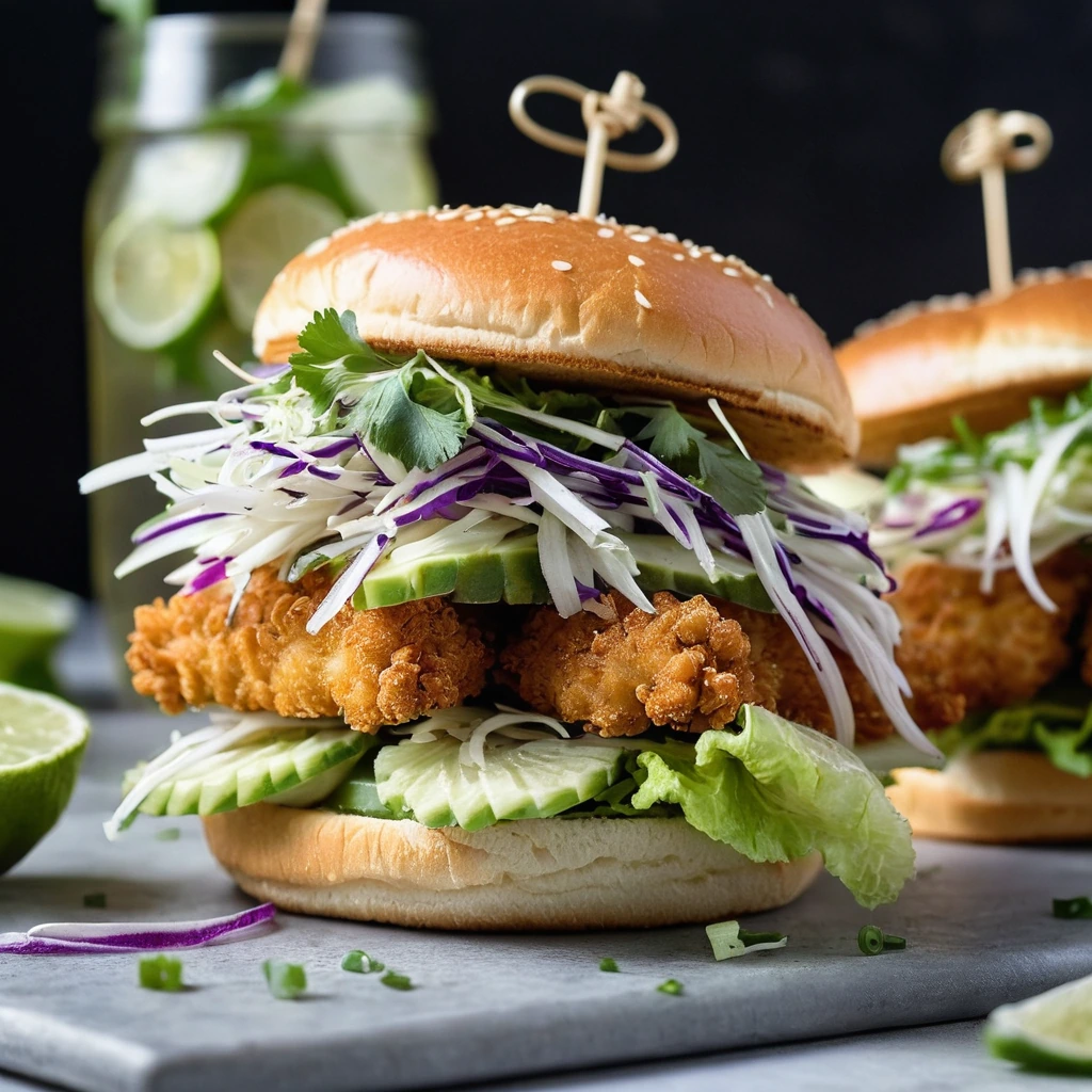 Golden crispy chicken breast on toasted brioche buns with vibrant green slaw spilling over the sides