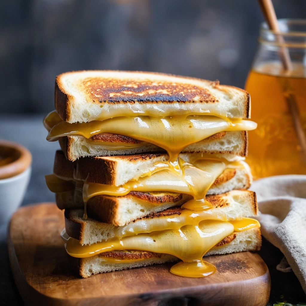 Golden grilled cheese sandwich with crispy edges and a drizzle of amber hot honey on a rustic wooden board.