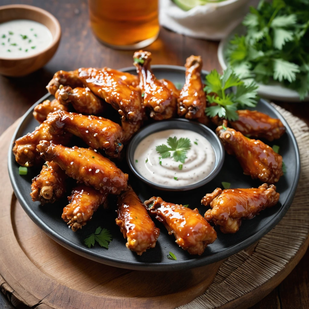 Golden fried chicken wings drenched in a glossy orange-amber hot honey sauce, sprinkled with chopped parsley, served on a rustic wooden platter.