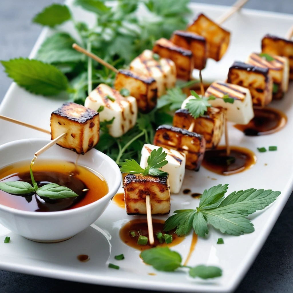 Grilled halloumi skewers on a white plate with a drizzle of amber hot honey sauce and fresh green herbs.