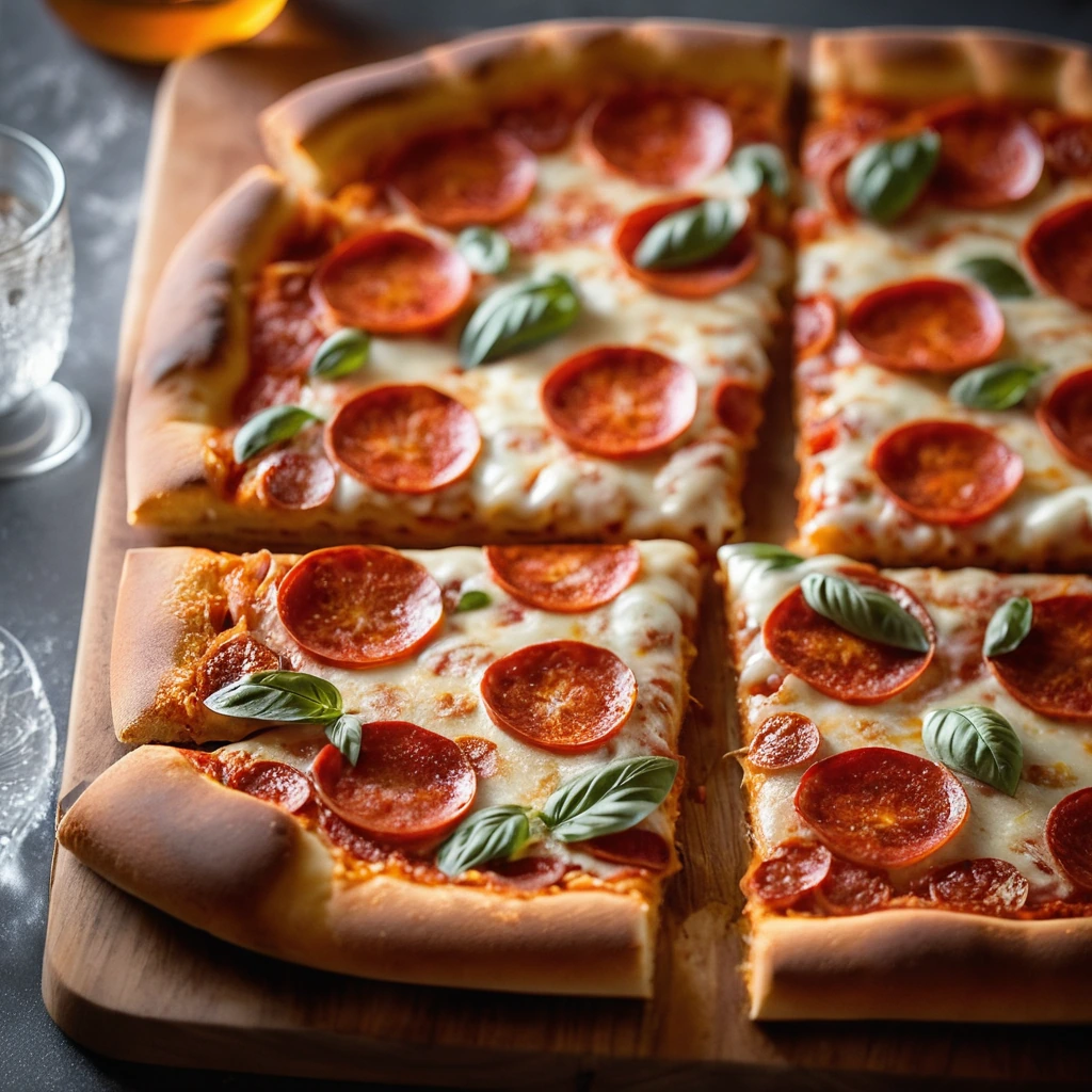 A square pan pizza with a bubbly golden crust, melted cheese, and slices of pepperoni drizzled with amber hot honey.