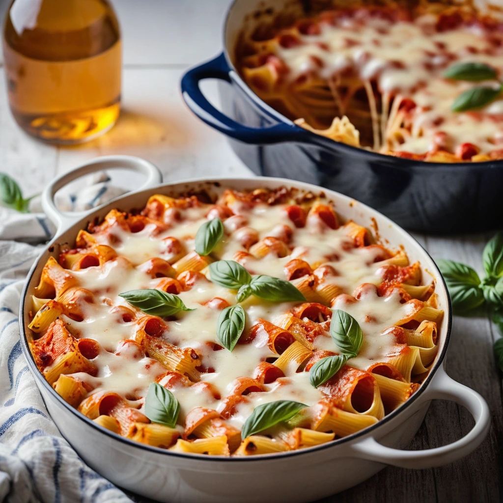 Baked pasta dish topped with melted mozzarella, pepperoni slices, and a drizzle of hot honey in a golden casserole dish.