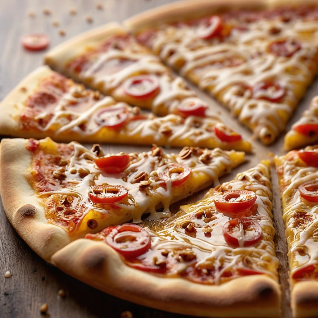 Golden honey drizzled over a bubbly pizza with red pepper flakes scattered across the surface.