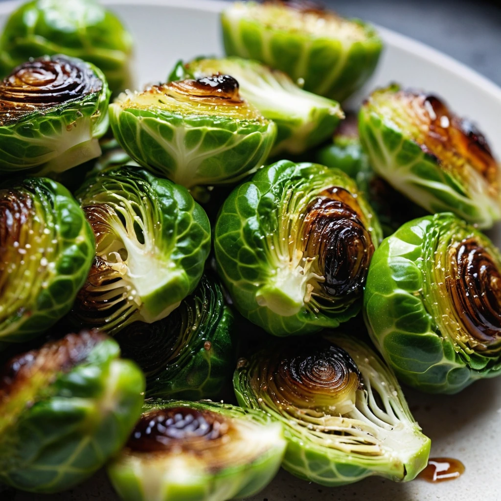 Golden brown Brussels sprouts halves roasted to perfection, drizzled with a vibrant amber hot honey glaze.