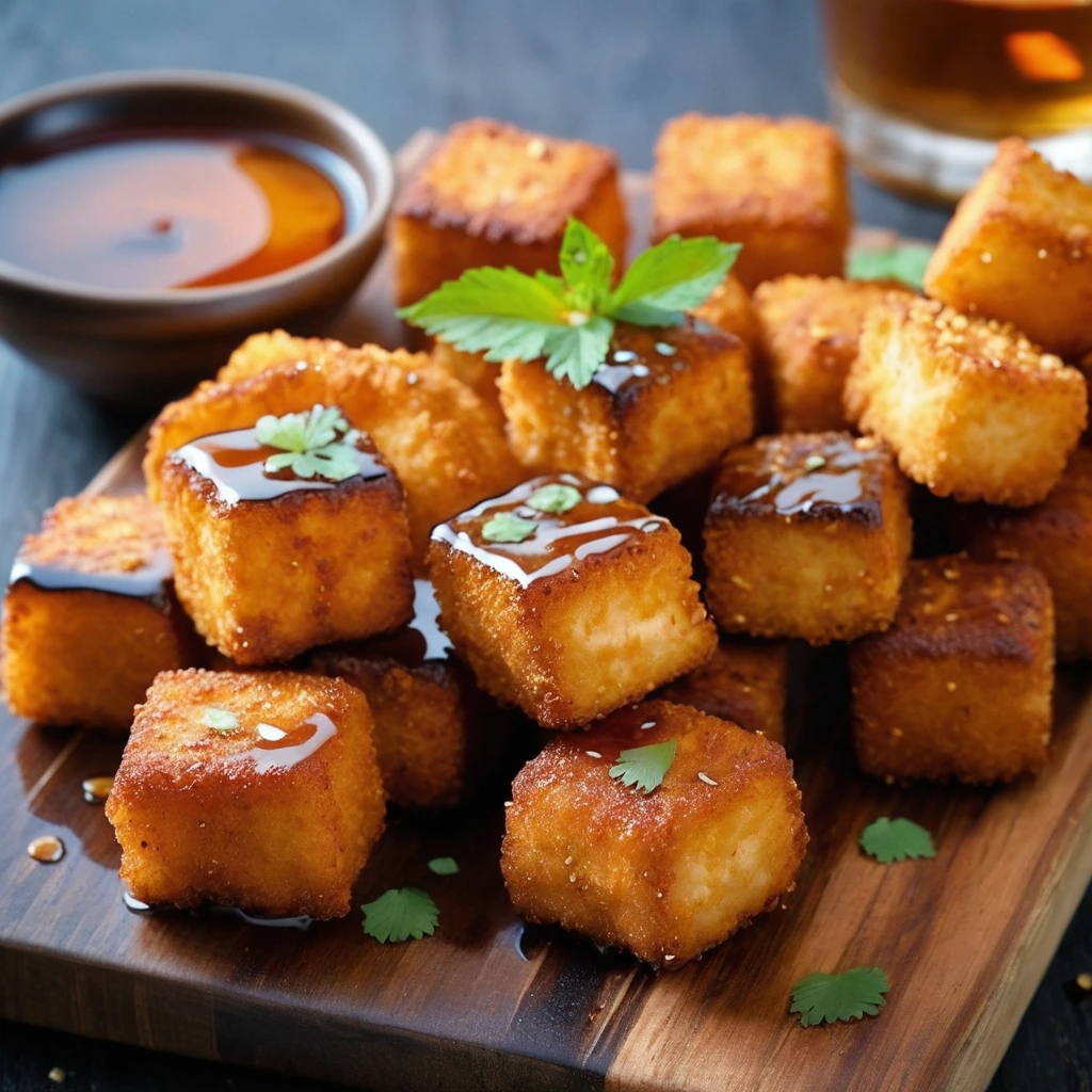 Crispy golden tofu nuggets drizzled with vibrant orange hot honey, served on a rustic wooden board.