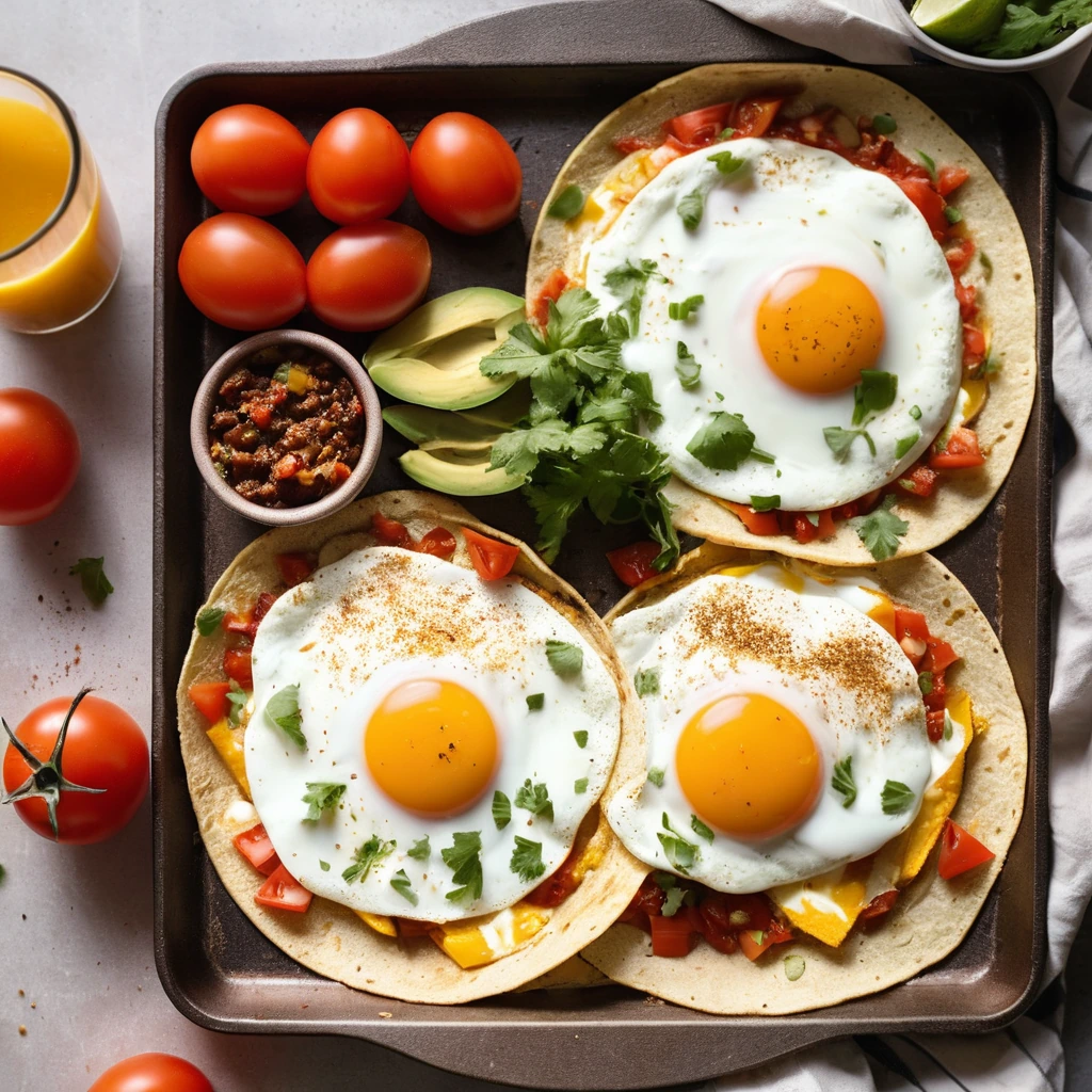 Sheet pan with sunny-side-up eggs surrounded by golden tortilla wedges and red tomato sauce.