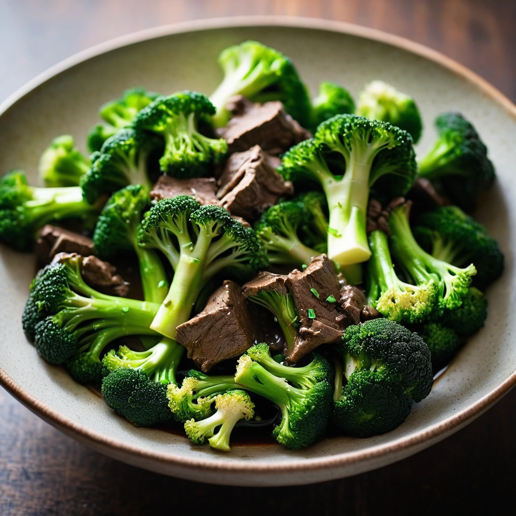 A steaming bowl of beef and broccoli in a glossy brown sauce, vibrant green broccoli florets on top.