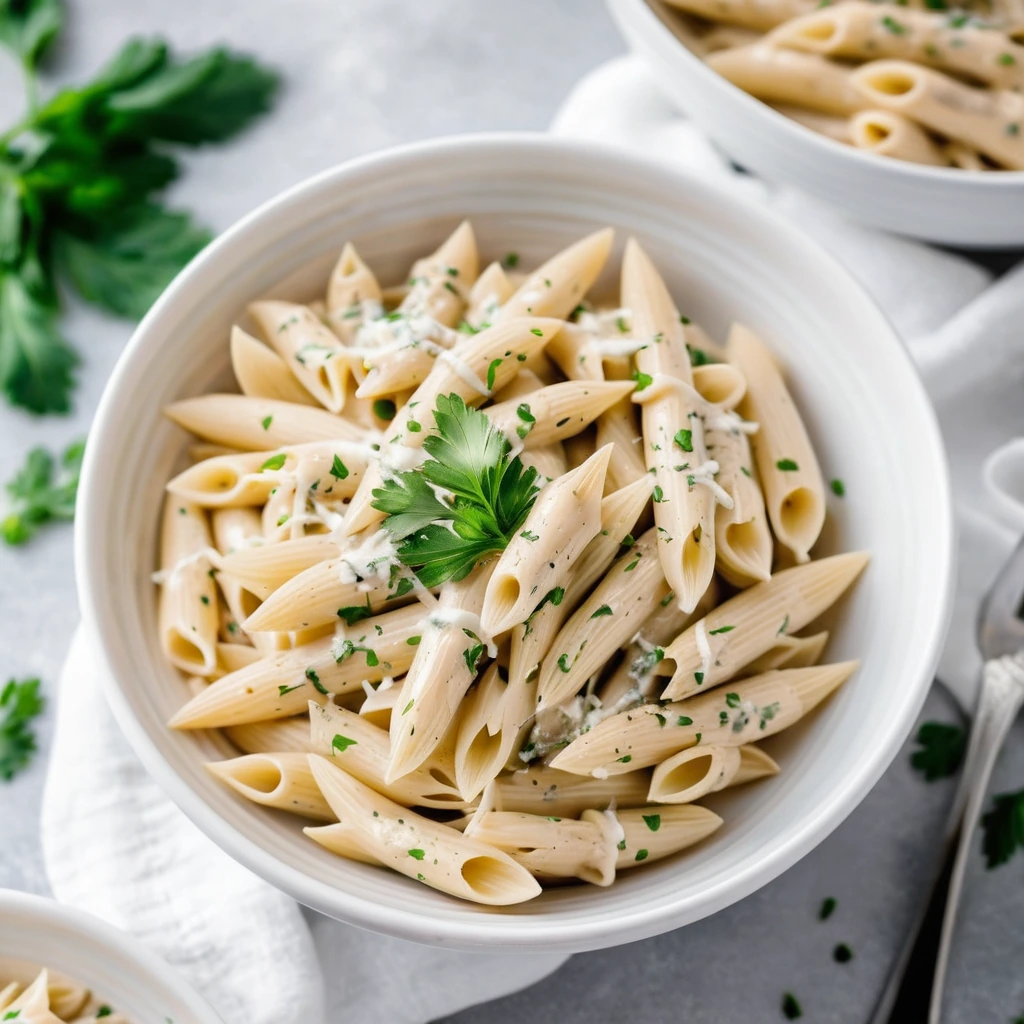 Creamy white pasta dish with green parsley garnish in a serving bowl