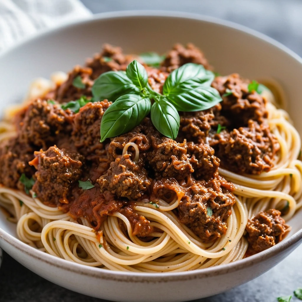 Bowl of spaghetti topped with a hearty meat sauce, sprinkled with fresh parmesan.