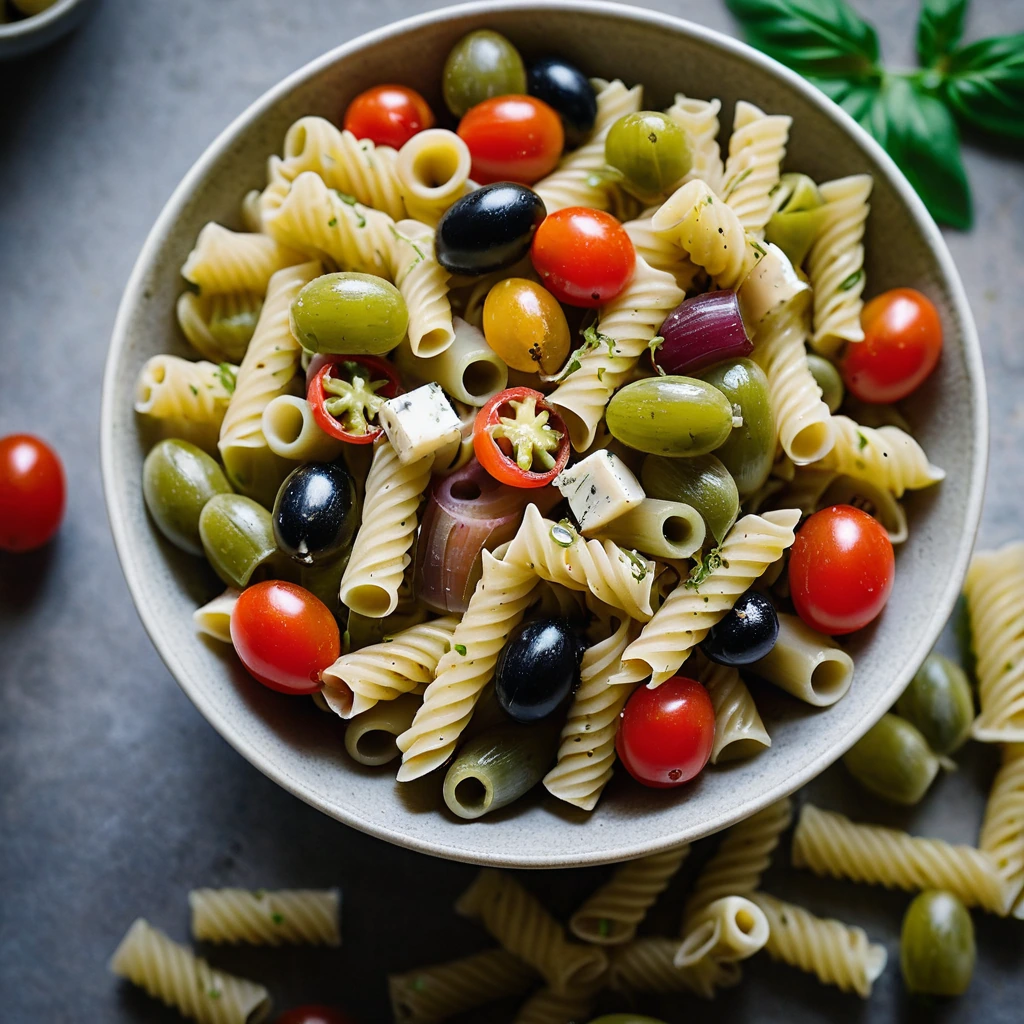 colorful pasta salad with green olives, red peppers, and chunks of provolone cheese in a bowl