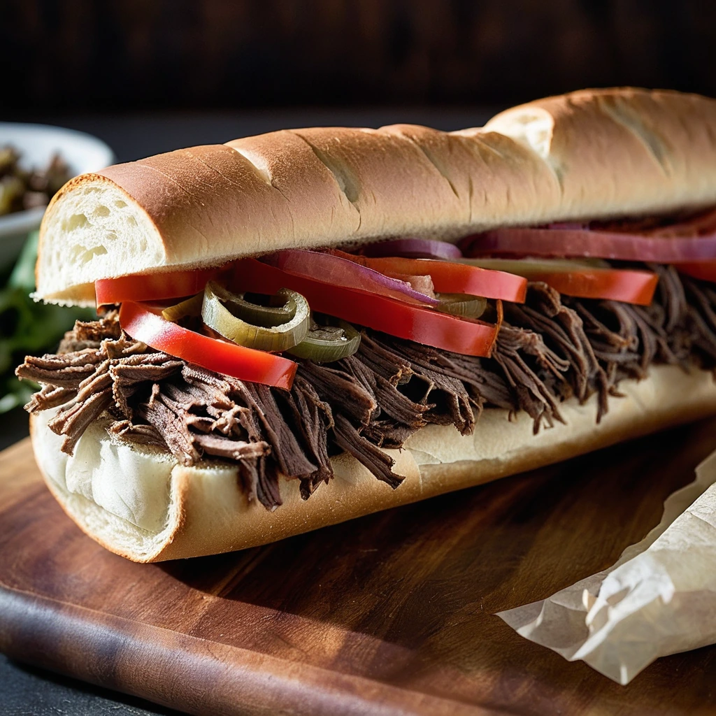 A crusty hoagie roll stuffed with thin slices of beef and vibrant red pepper strips, topped with melted cheese.