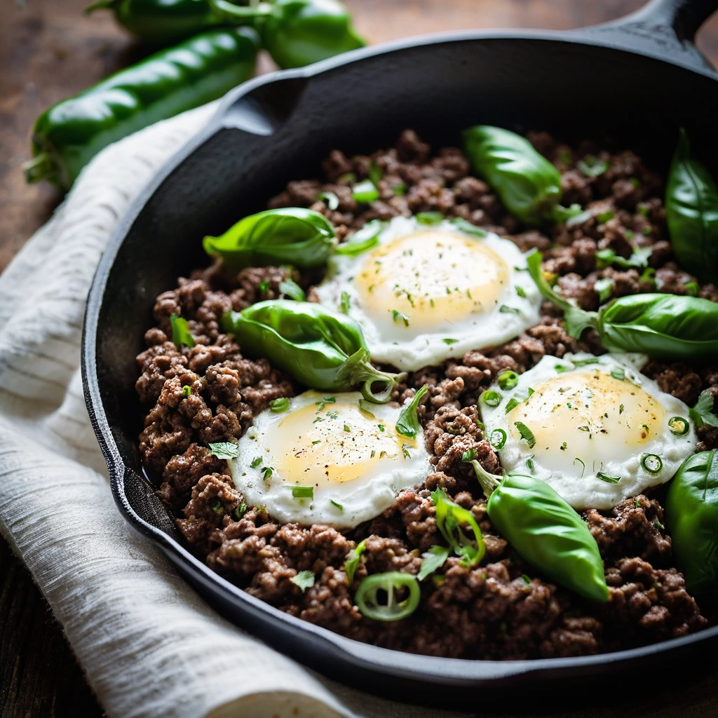 A sizzling cast iron skillet filled with a rich, browned ground beef mixture, speckled with green bell pepper and onion, topped with melted mozzarella.