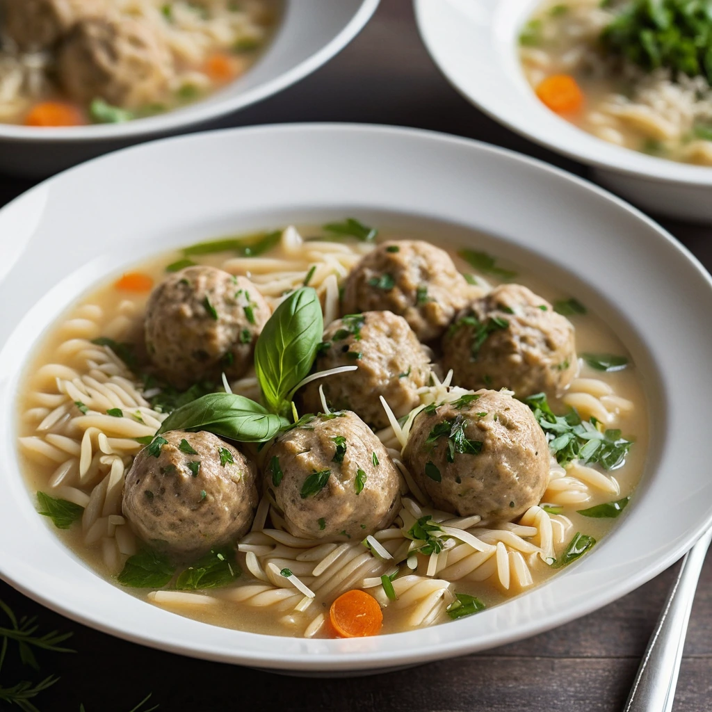 Bowl of golden orzo soup with chicken meatballs, green herbs, and grated Parmesan cheese on top.