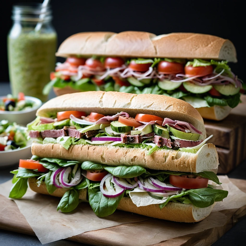 Colorful salad piled high with meats and veggies in a toasted sub roll, drizzled with vinaigrette.