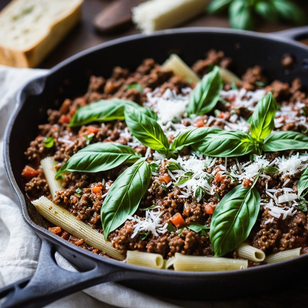 Rustic skillet filled with saucy, meaty ragu topped with fresh basil and Parmesan shavings.