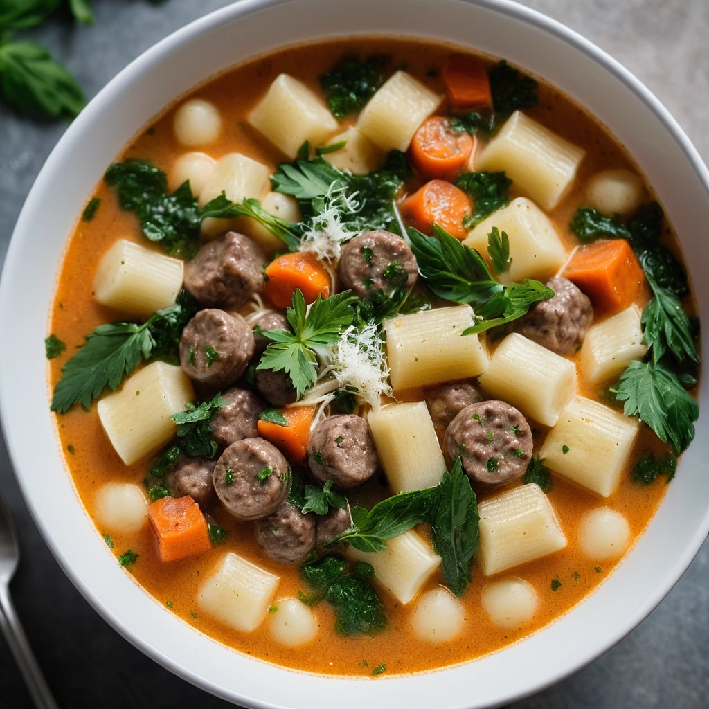 A steaming bowl of Italian sausage and gnocchi soup garnished with fresh parsley.