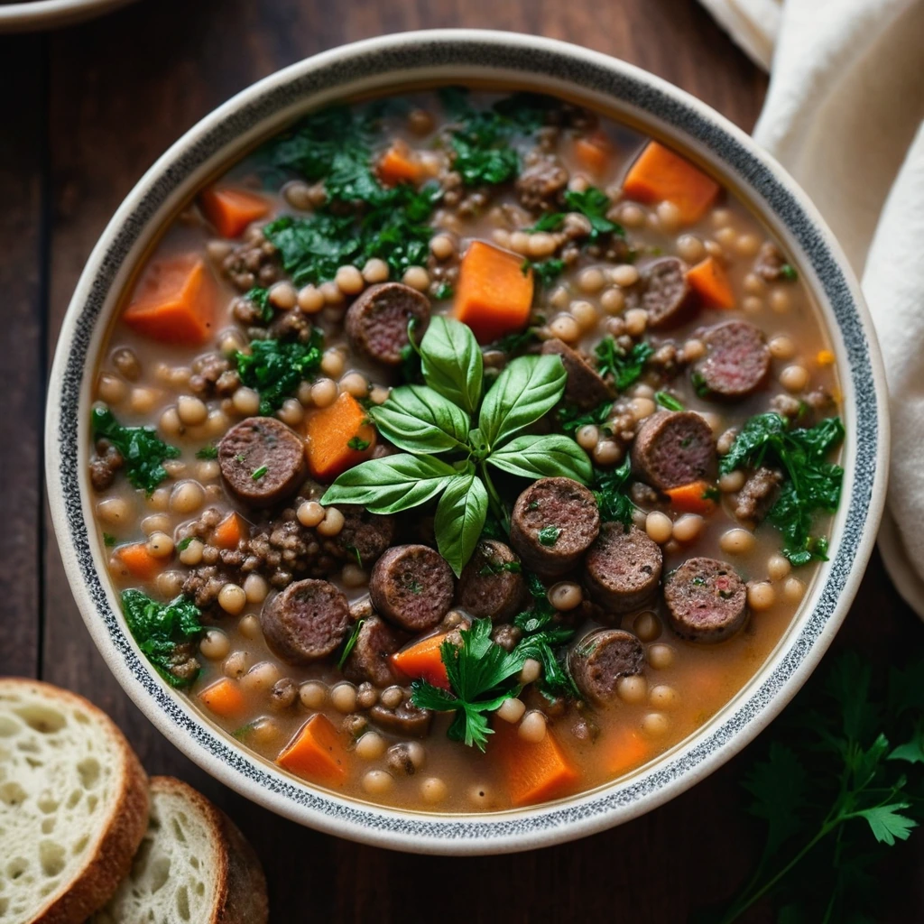 Steaming bowl of brown lentils, Italian sausage, and vegetables in a rich broth, garnished with fresh parsley.