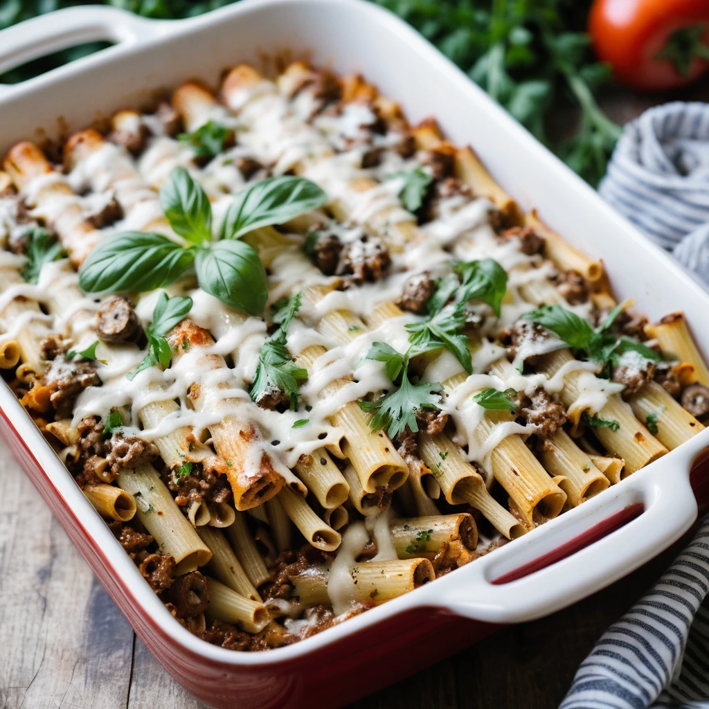 golden bubbly baked ziti topped with melted mozzarella and parmesan, flecked with green parsley