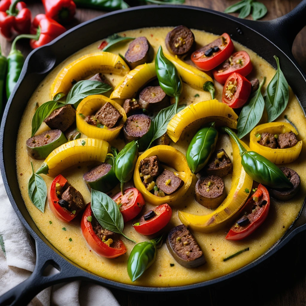 Golden polenta in a skillet with red and green peppers and Italian sausage slices.