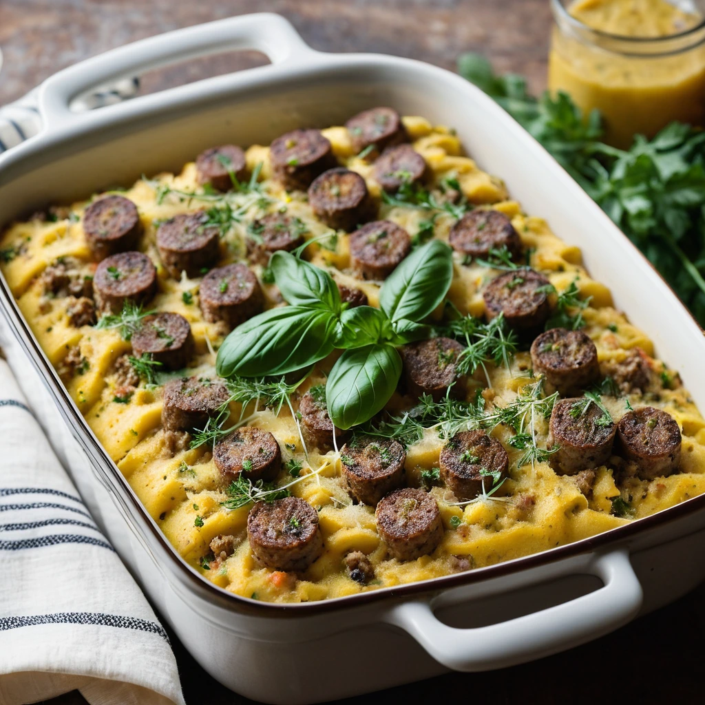 A bubbling casserole in a baking dish with layers of golden-brown cheese on top and flecks of green herbs sprinkled around the edges.