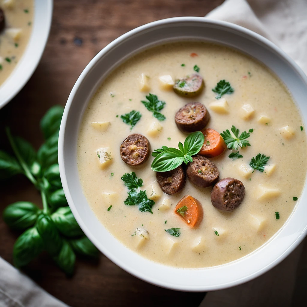 Bowl of creamy golden soup with chunks of potato and Italian sausage, garnished with fresh parsley.