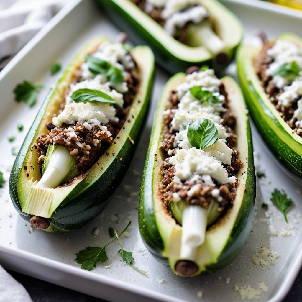 Halved zucchini boats filled with sausage and ricotta mixture, topped with melted mozzarella, arranged on a baking sheet.