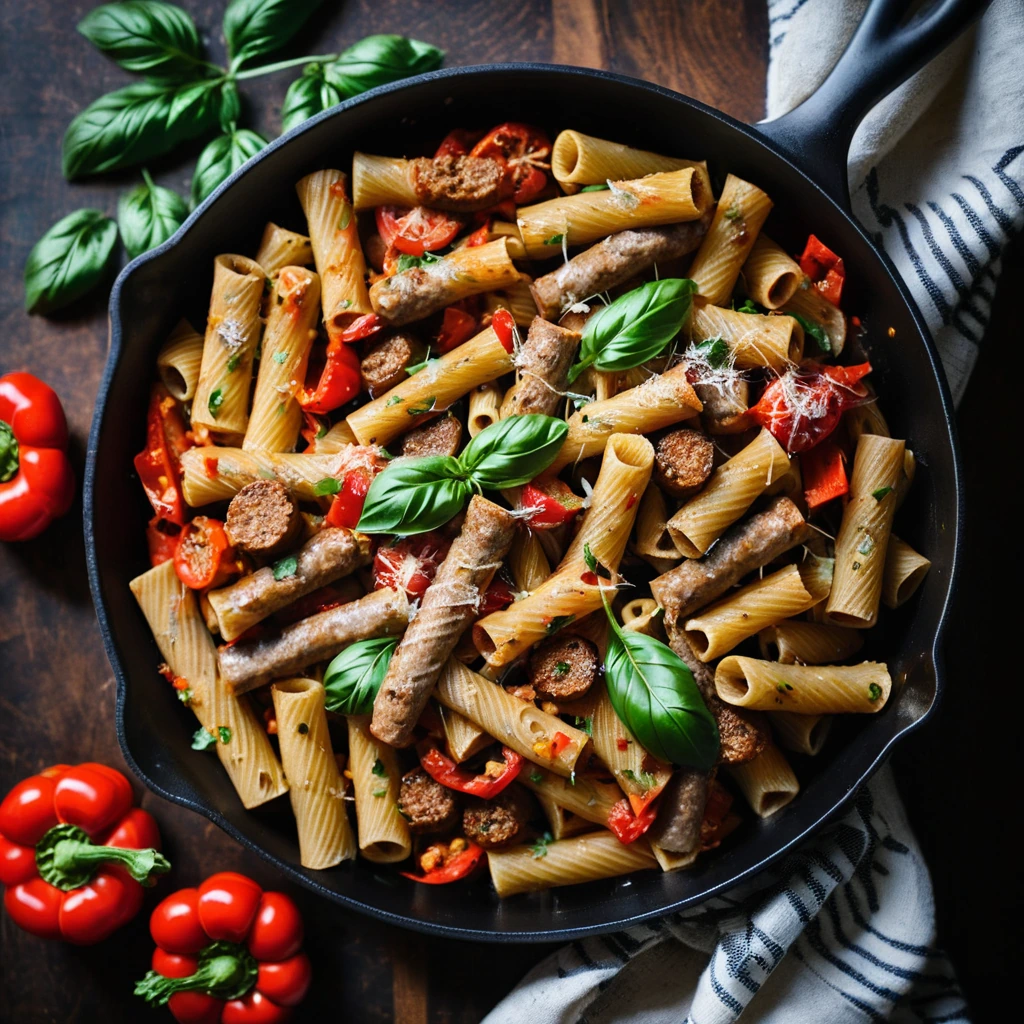 Golden rigatoni pasta with red roasted peppers and crumbled Italian sausage in a skillet, garnished with fresh basil.