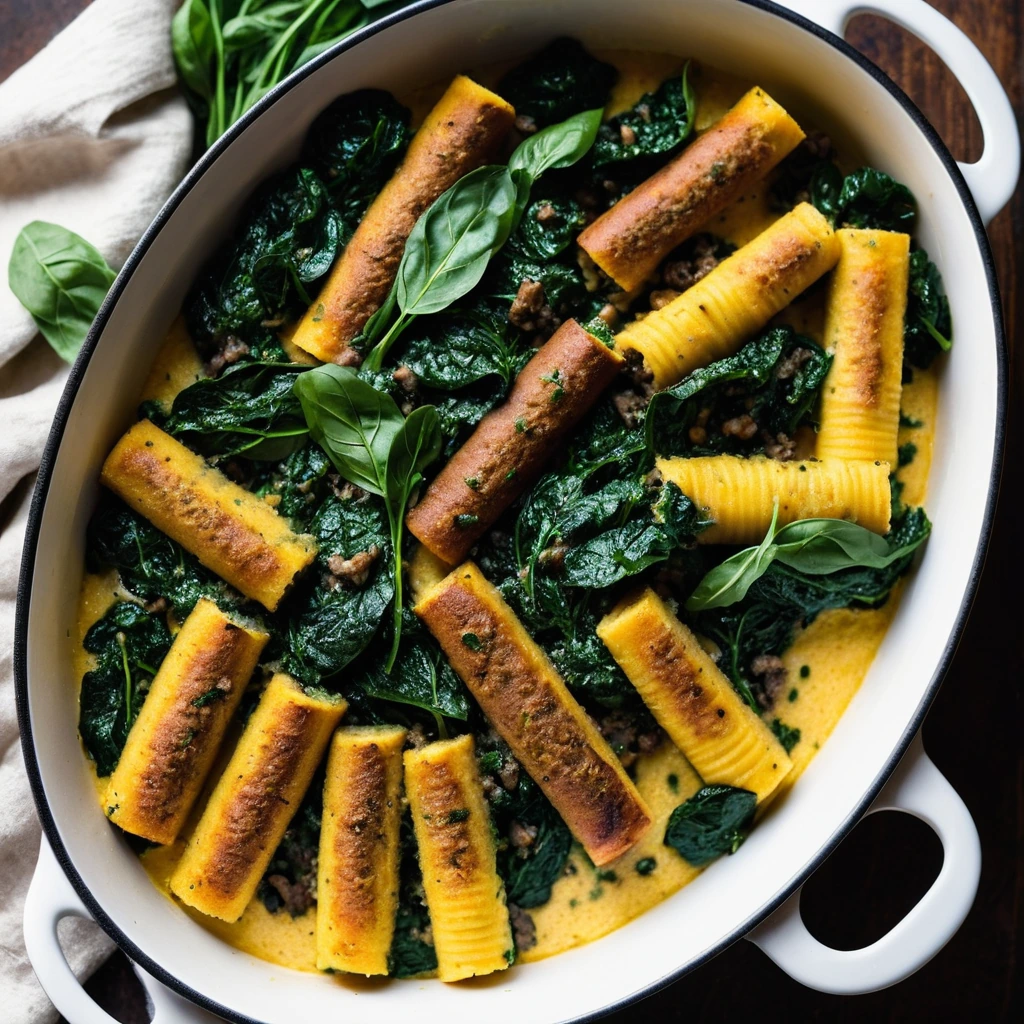 Golden baked polenta topped with browned Italian sausage and vibrant green spinach in a casserole dish.