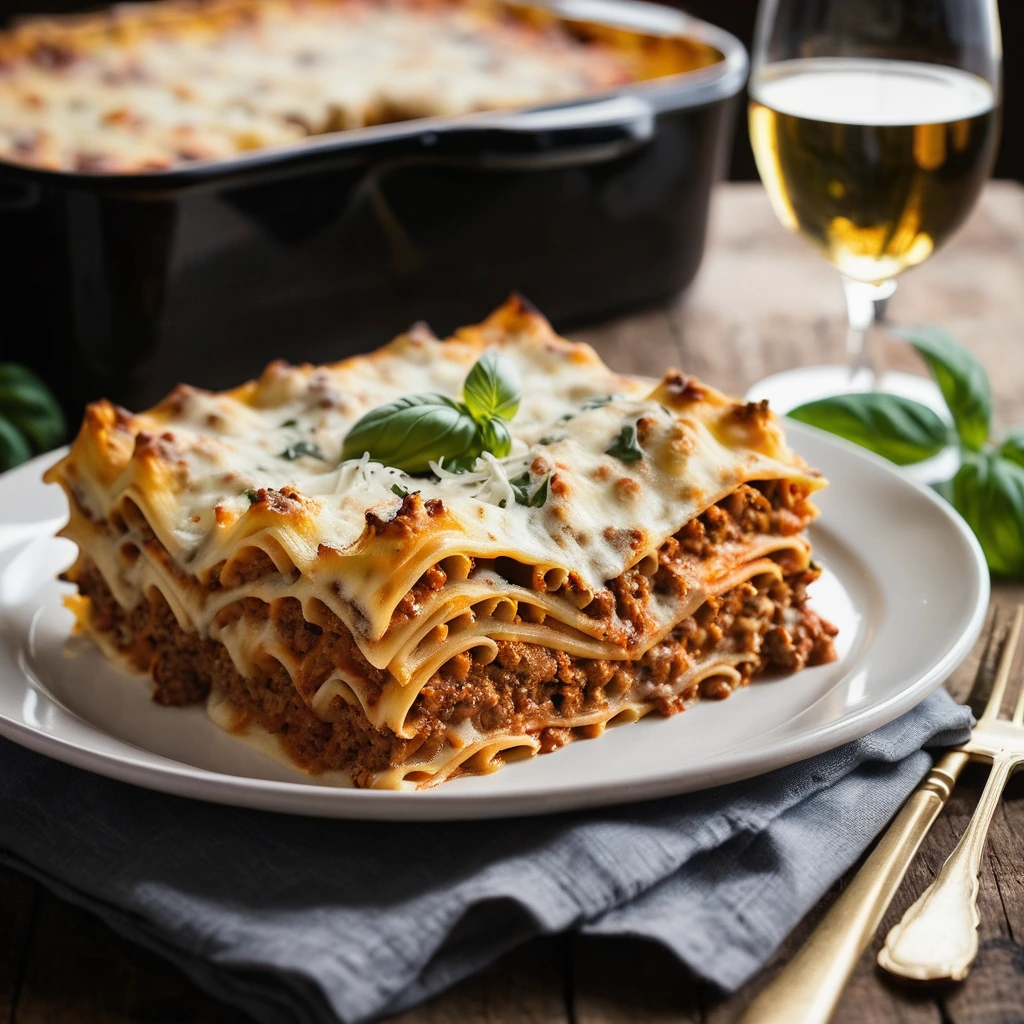 Golden bubbly lasagna with layers of pasta, sausage, and melted cheese served in a rustic oven dish.