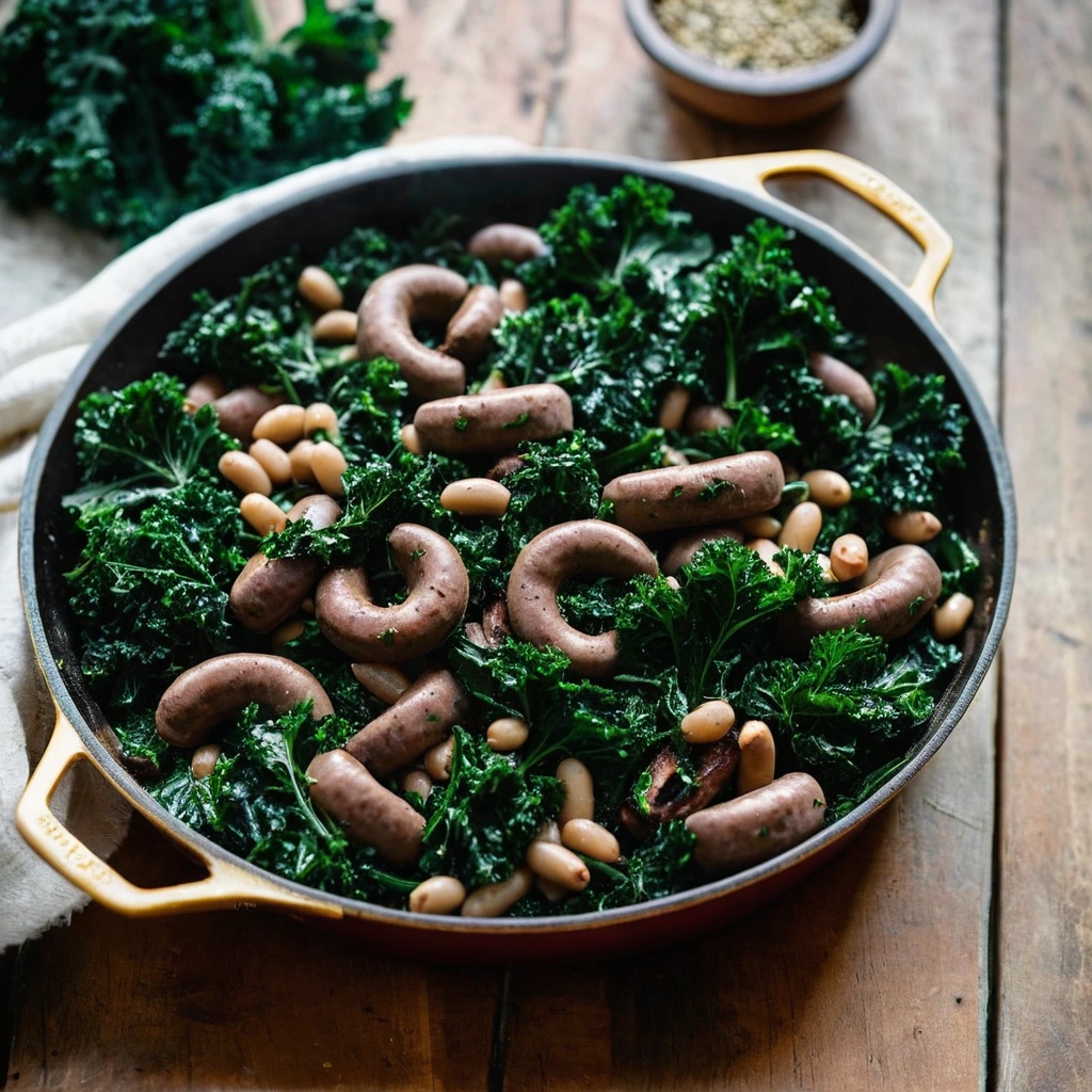 A rustic skillet with vibrant green kale, white beans, and browned Italian sausage links served in a golden pan.