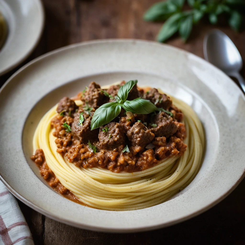 Creamy yellow polenta topped with a rustic, meaty Italian sausage ragu in a shallow bowl.