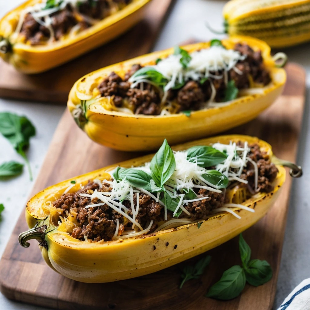 Two golden spaghetti squash halves filled with a rich, browned Italian sausage mixture and melted cheese, served on a rustic wooden board.